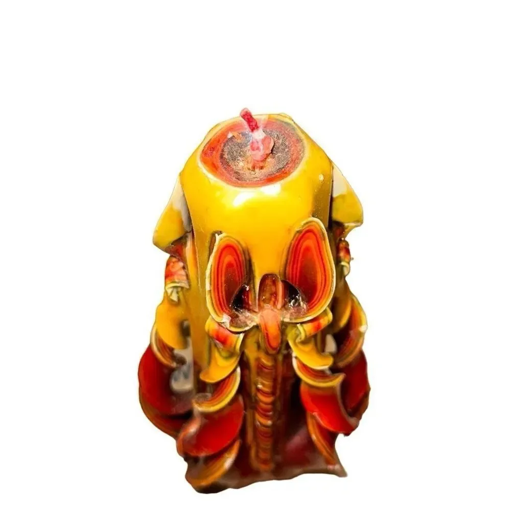 VINTAGE HAND CARVED CANDLE *RARE UNLIT layered 1970 yellow orange twirl fire